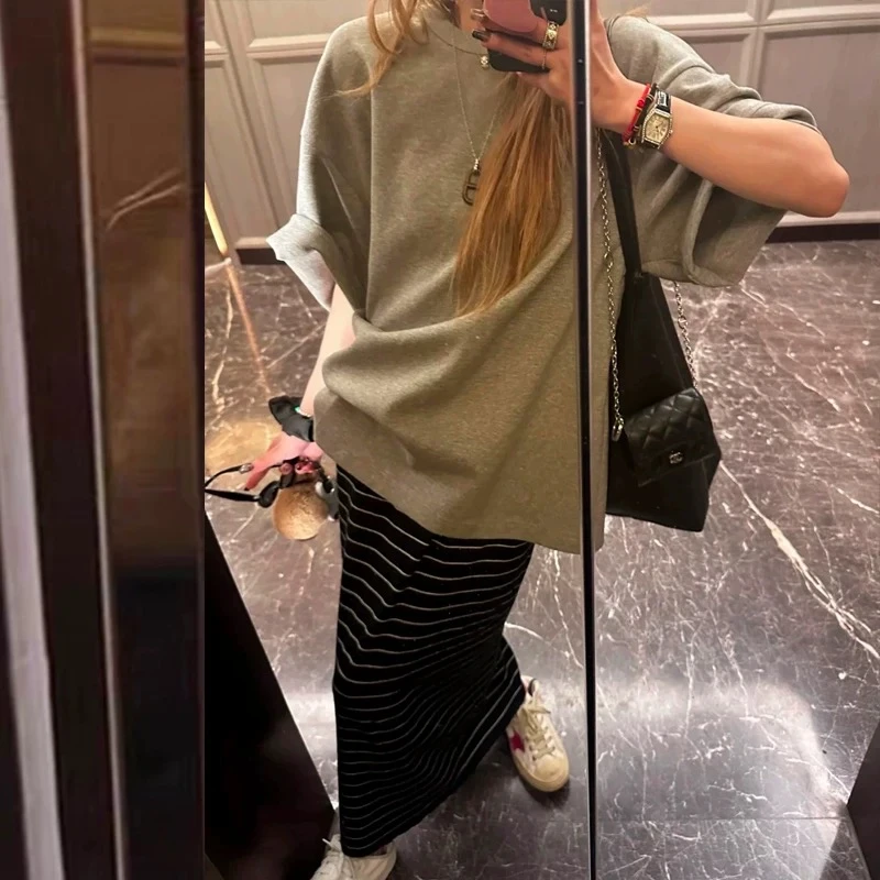 通勤时尚套装卫衣打底衫短袖针织套装夏季宽松开叉