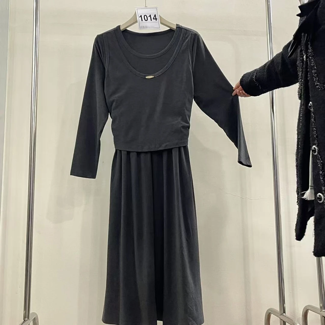 1014-31426-灰色假两件收腰连衣裙