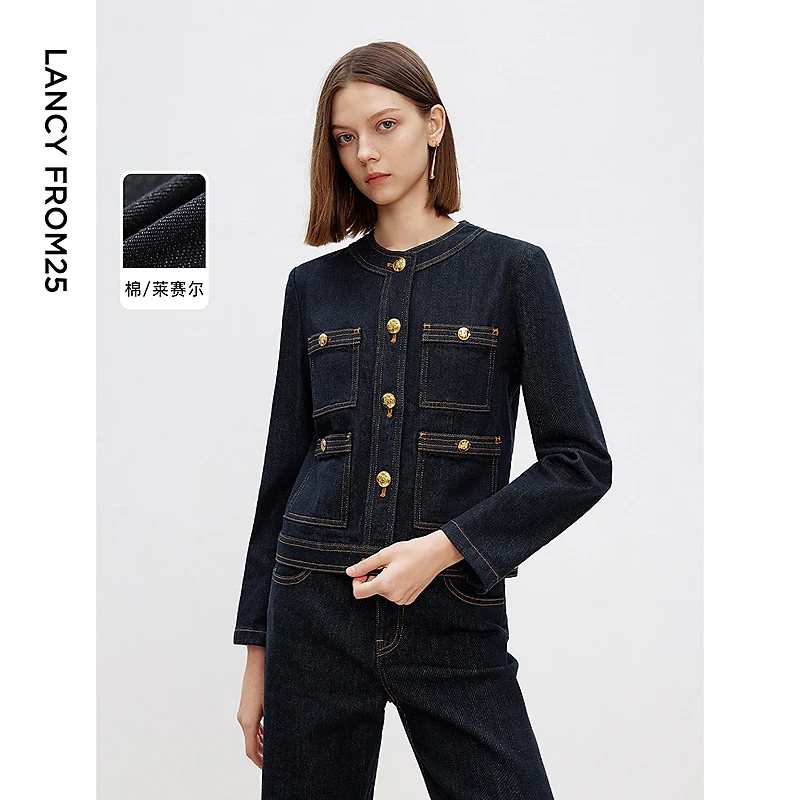 朗姿法式气质高级感上衣2025年春季新款小香风短款牛仔外套设计感