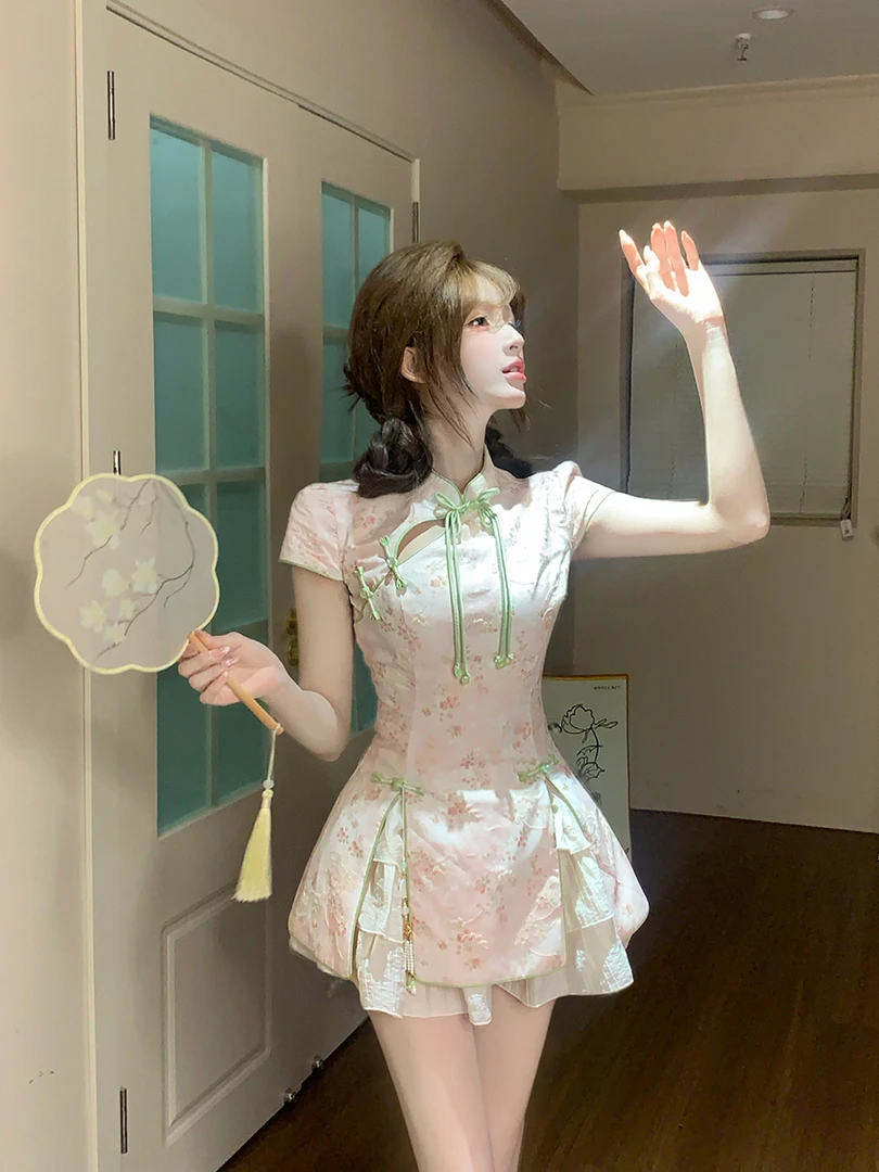 桃枝凝翠 夏季新款国风新中式设计感洋气温婉大方飞飞袖上衣短裙