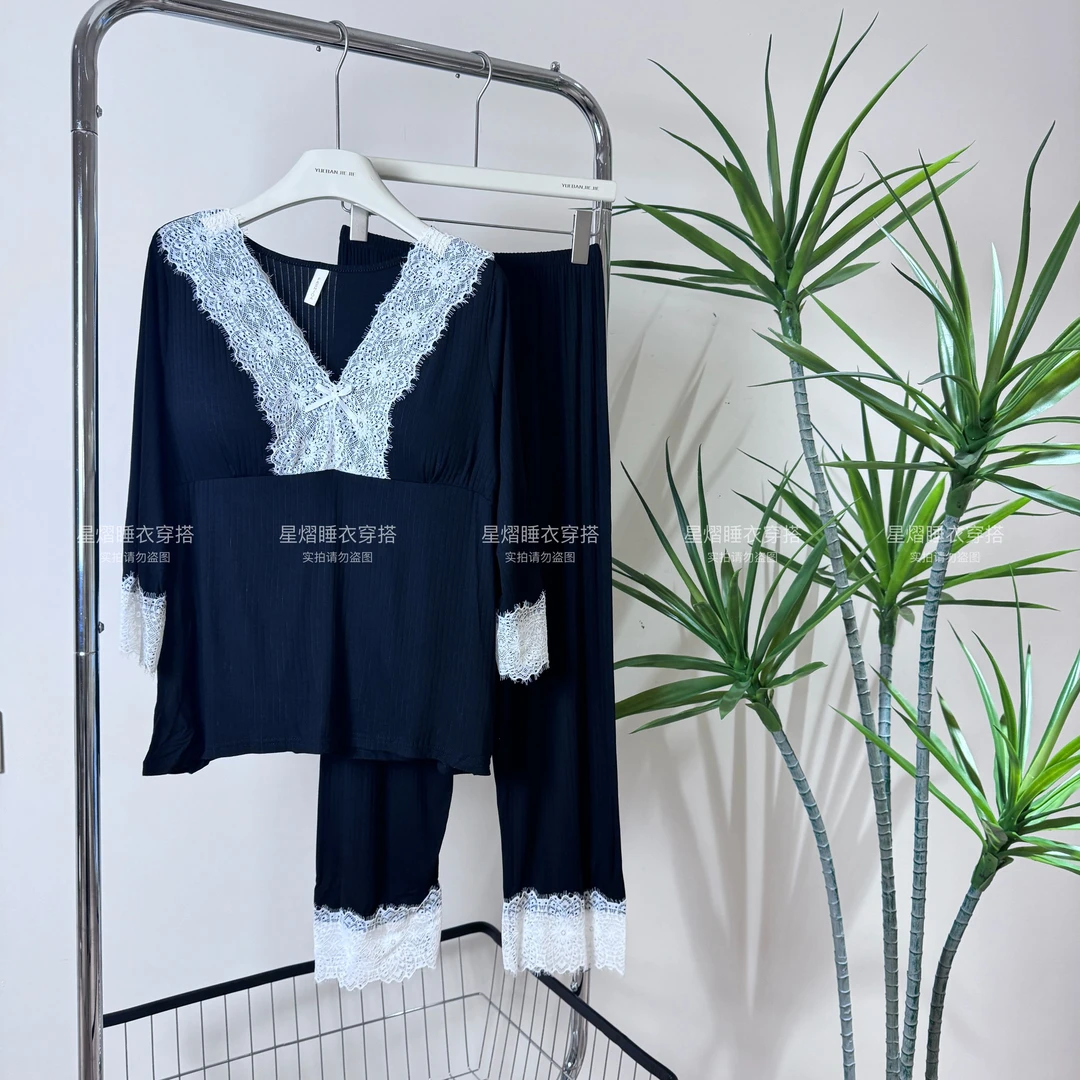 2025年带胸垫睡衣女春秋家居服薄款软糯糯女士套装气质大码居家服