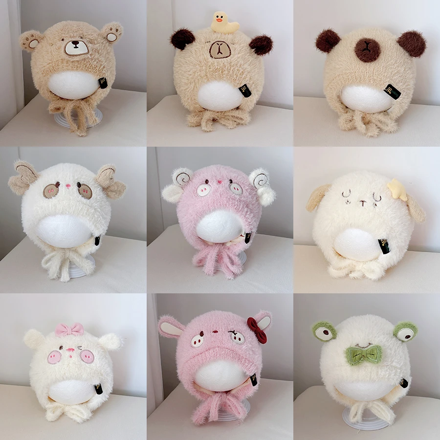 婴儿帽子秋冬卡通宝宝小熊针织毛绒帽加厚婴幼儿可爱超萌护耳帽冬