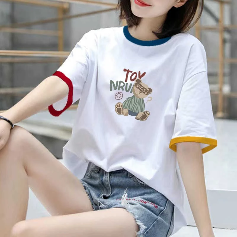 100%纯棉拼色短袖t恤女装新款夏季韩版宽松上衣小众百搭体恤ins潮