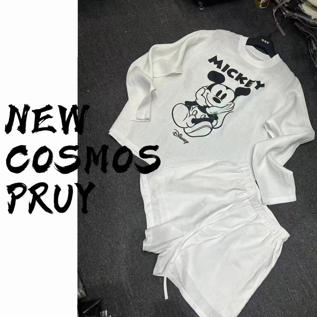 【NEW COSMOS】91010米奇字母印花长袖短裤亚麻套装