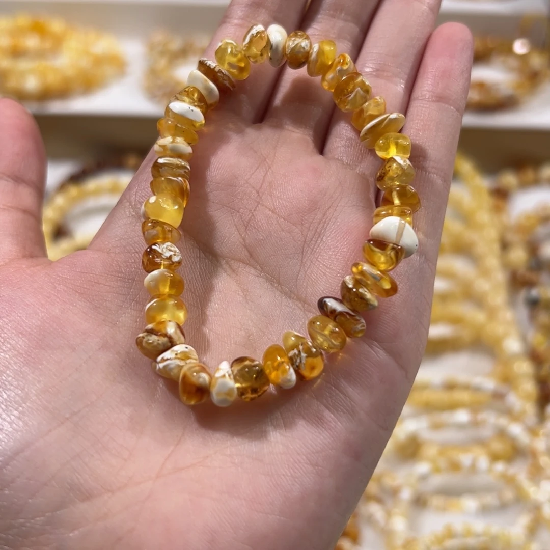 琥珀未镶嵌珠宝奇石橘金瓷白妖花随型手串