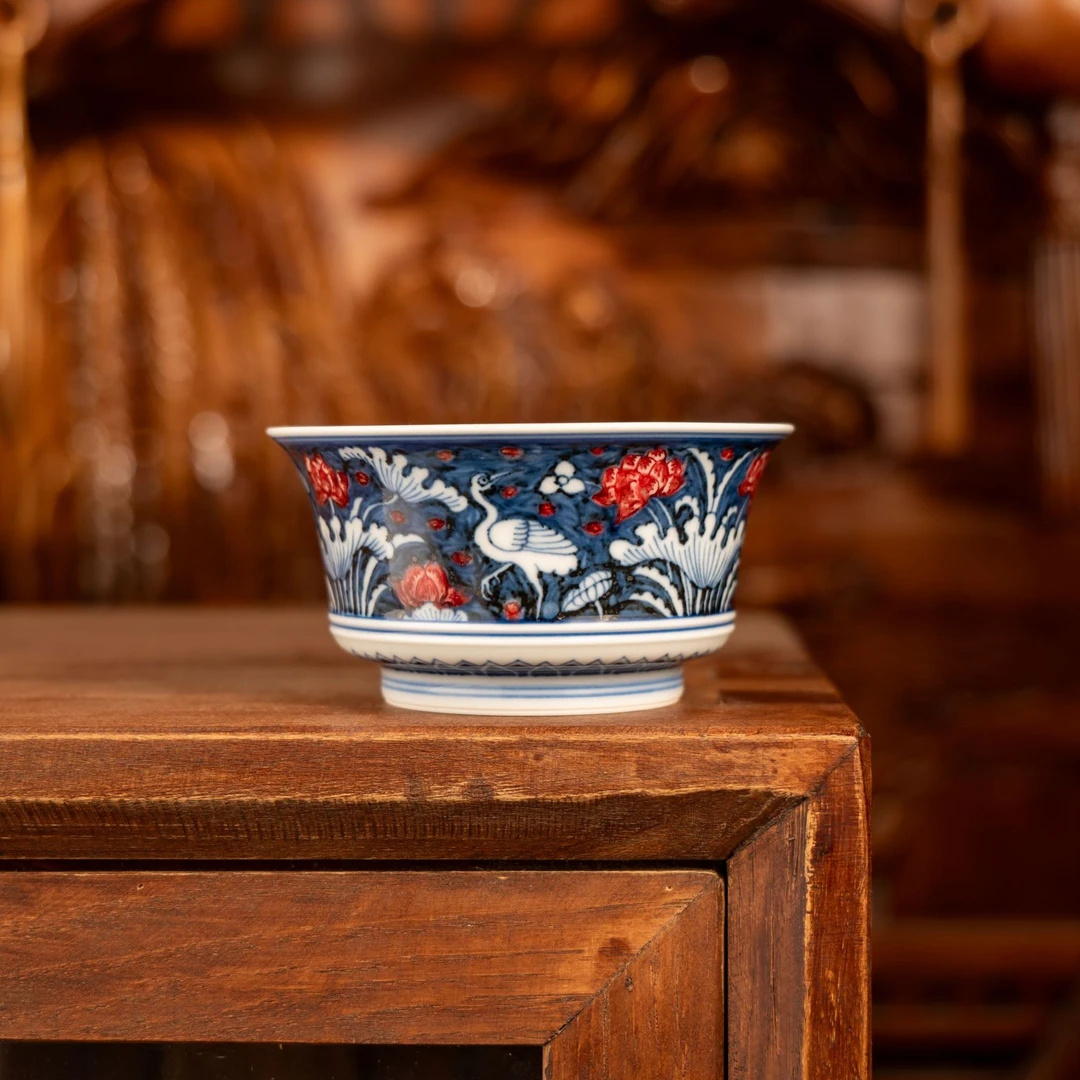 【永明尚玩】一鹭莲科马蹄杯纯手工青花瓷景德镇陶瓷