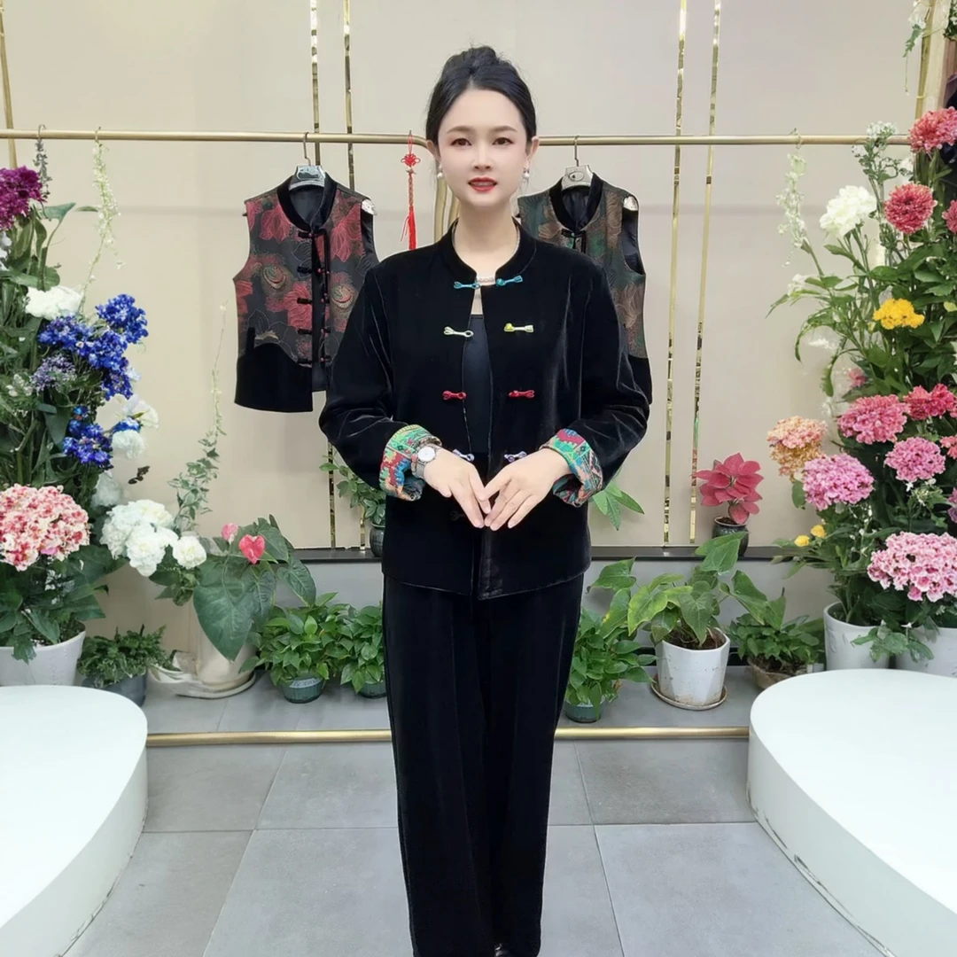 新中式丝绒衬衫秋冬妈妈装国风双面穿短外套唐装外搭开衫长袖上衣