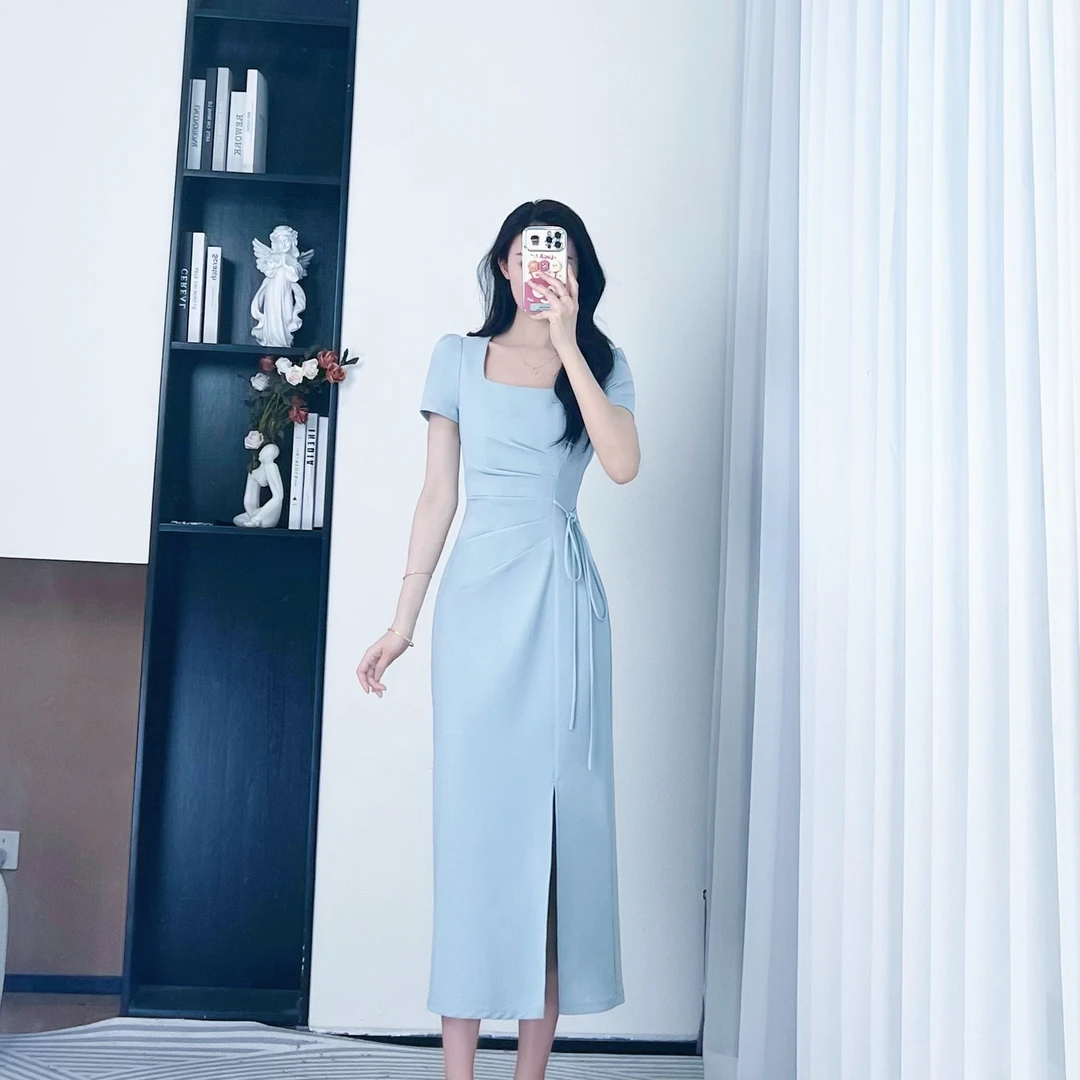 拉夏贝尔25夏法式气质时尚显瘦收腰显瘦方领短袖连衣裙 10418 KXJ