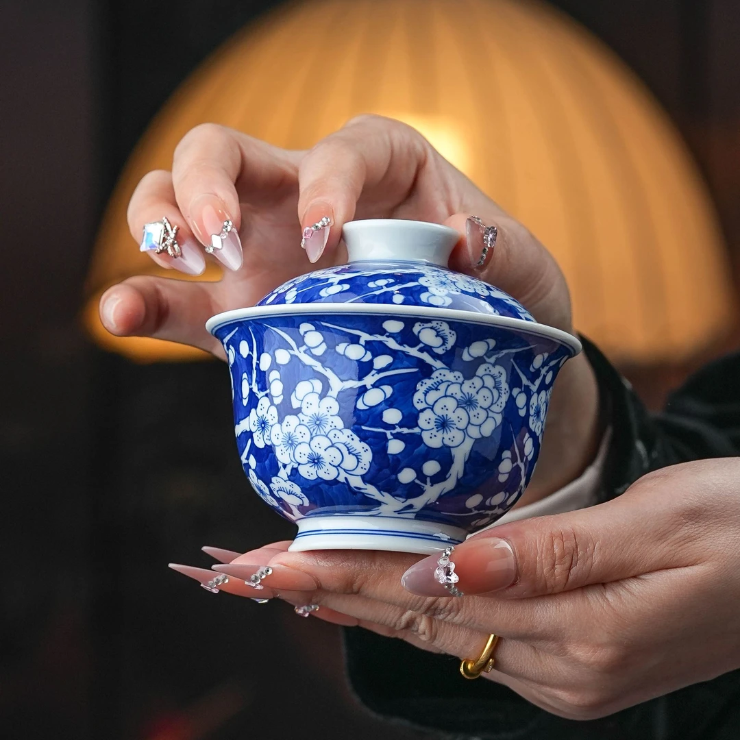 正德御窑亦然堂冰梅两才盖碗茶具中式茶道茶器饮茶青花盖碗景德镇