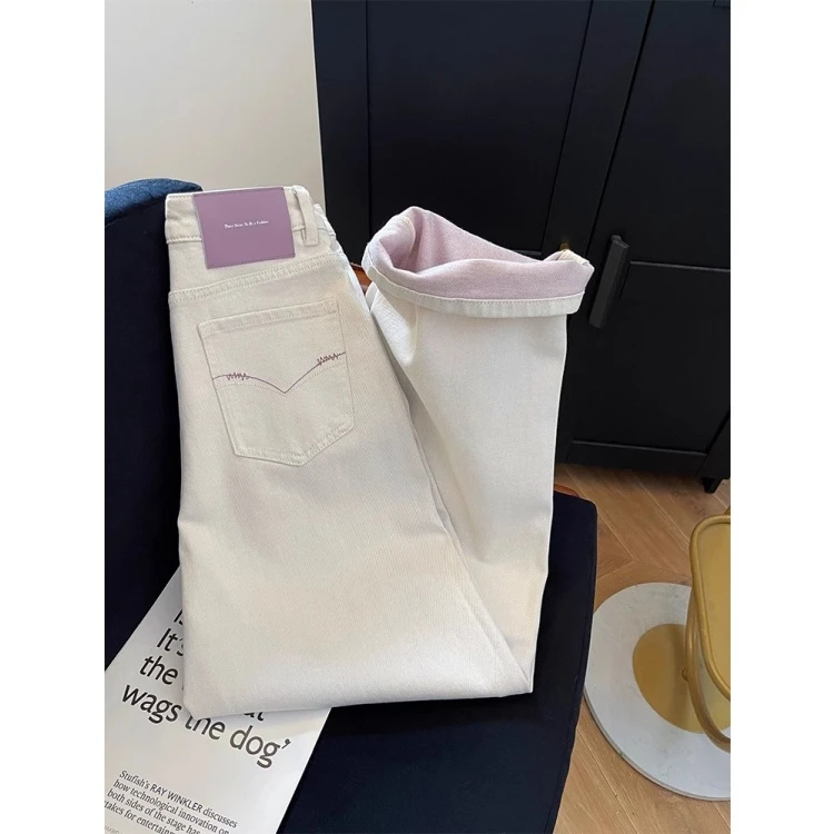 白紫撞色百搭高腰修身牛仔裤女2025夏季新款时尚显瘦九分裤直筒裤