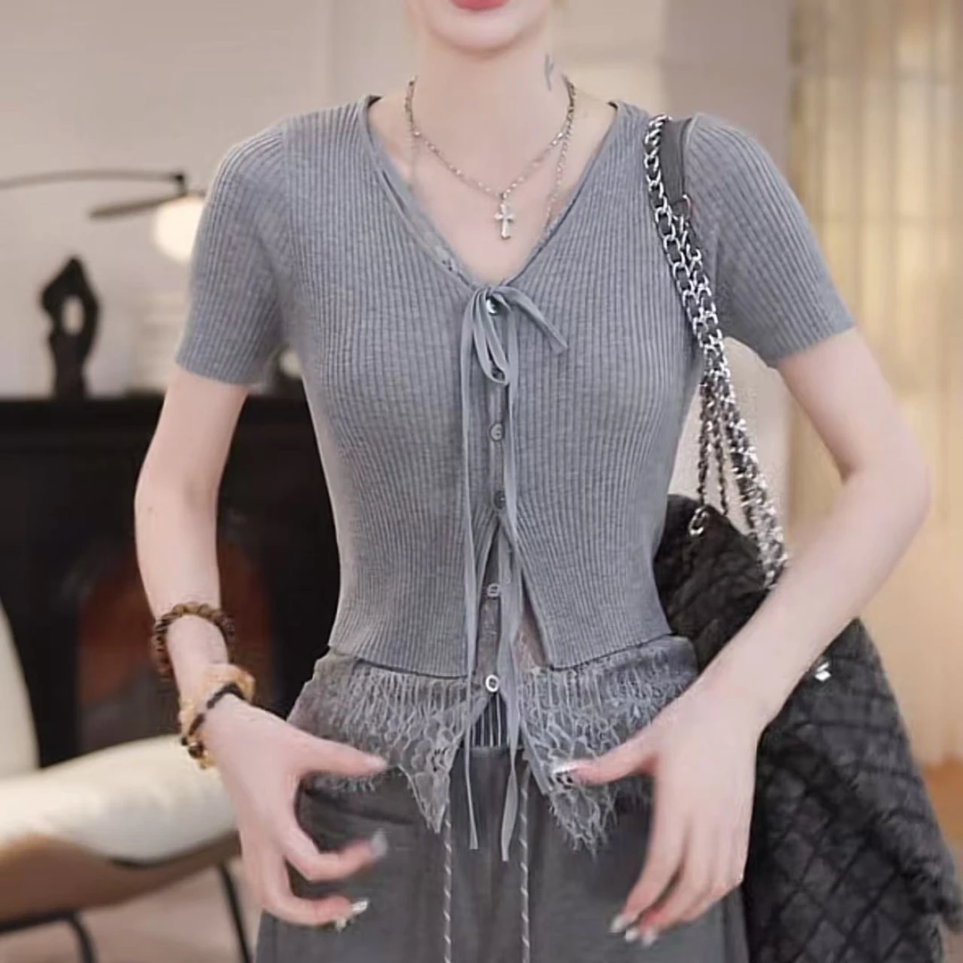 设计感真两件短袖针织衫女2025夏季新款修身显瘦内搭简约打底衫