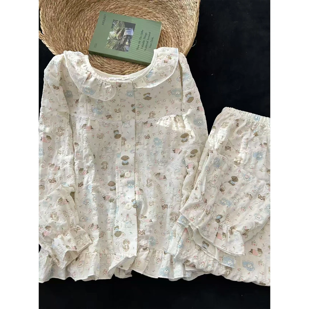 带胸垫奶油狗狗睡衣女款春秋季泡泡棉长袖长裤可爱少女家居服套装