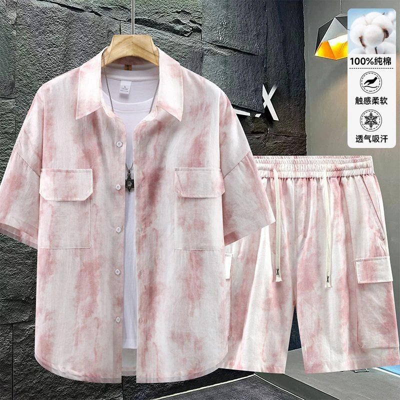夏季新款大码男士纯棉扎染薄料透气休闲套装衬衫短裤痞帅两件套潮