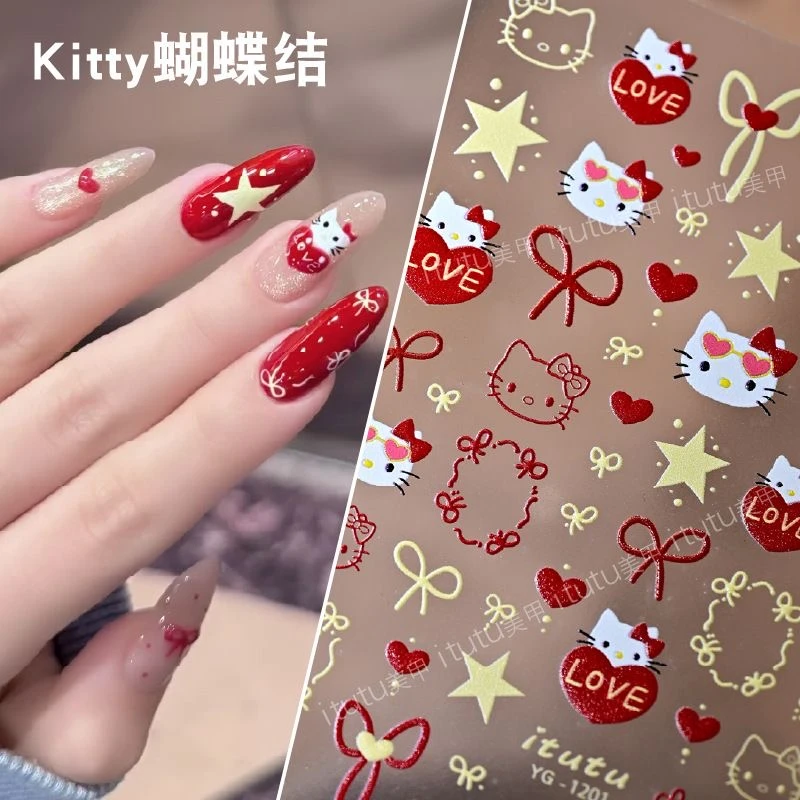 圣诞Kitty网红苹果新年美甲贴纸蝴蝶结可爱卡通背胶指甲贴diy装饰