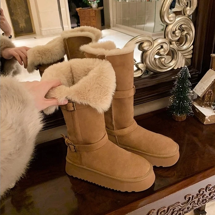 中长筒雪地靴女2025冬季新款毛毛交融加厚保暖防滑鞋底户外靴棉鞋