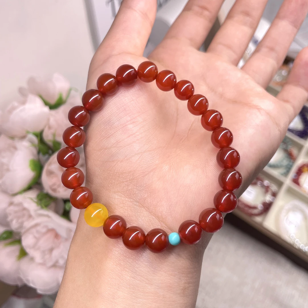 红红火火鸿运当头天然红玛瑙8mm黄玛瑙绿松石手串显白本命礼物