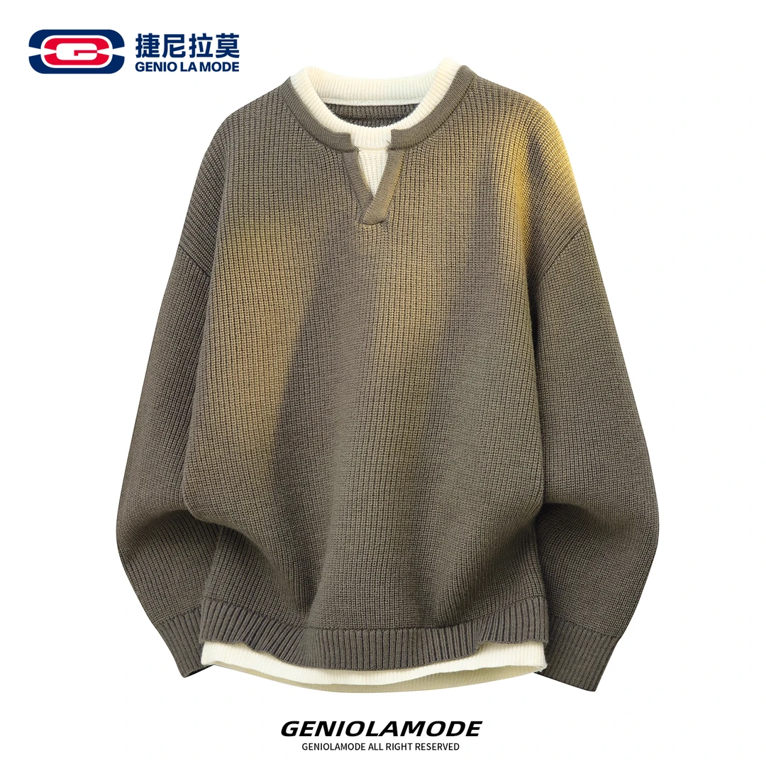 【敖瑞鹏代言】GENIOLAMODE v领针织男女秋冬拼接假两件毛线衣外套