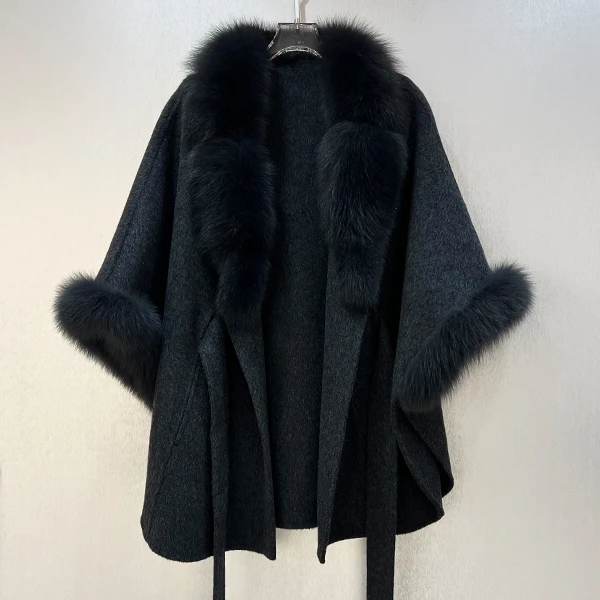 【工厂直销】高端大衣中长款狐狸毛浴袍款赫本风双面羊毛呢外套收腰