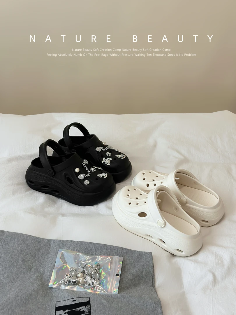 自然卷厚底洞洞鞋2025夏季新款增高一脚蹬包头两穿百搭休闲凉拖鞋