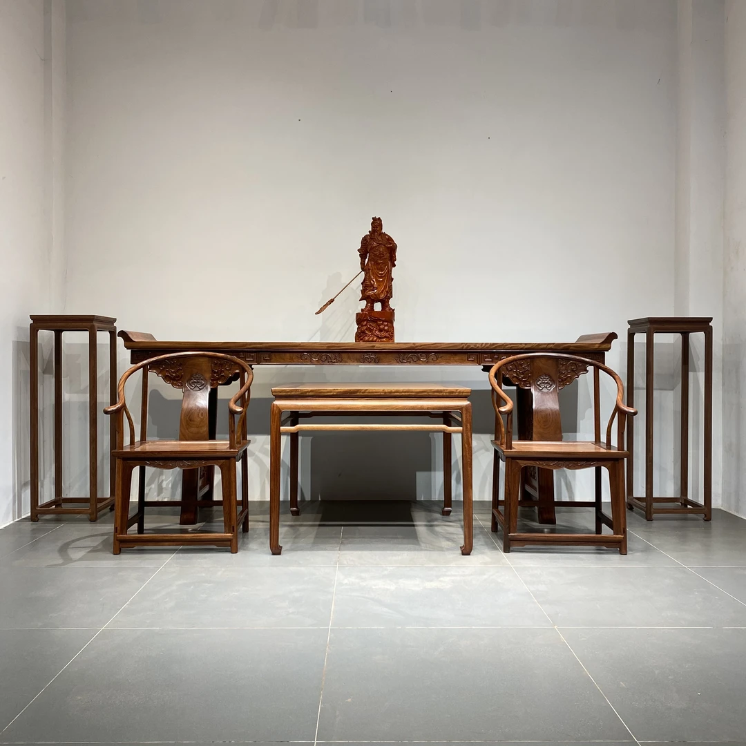 私人量身造铁力木中堂六件套铁梨木翘头案供案八仙桌圈椅花几花架