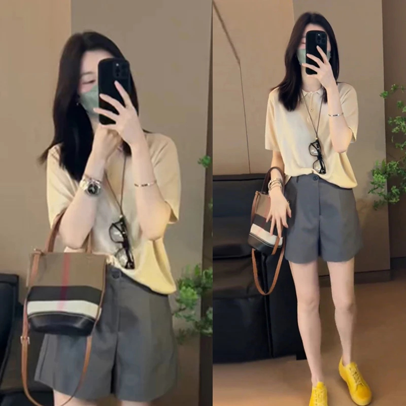 正肩短袖t恤女夏装搭配一整套韩系宽松别致漂亮上衣短裤两件套装