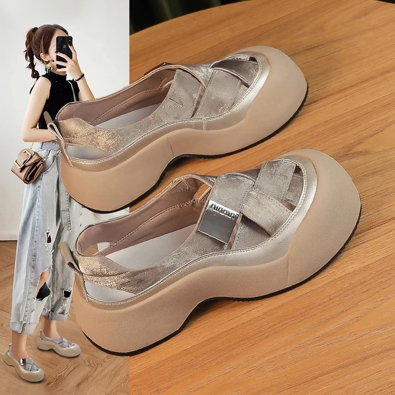 2025年夏季新款真皮罗马增高凉鞋女女款厚底编织猪笼平底单鞋爆款