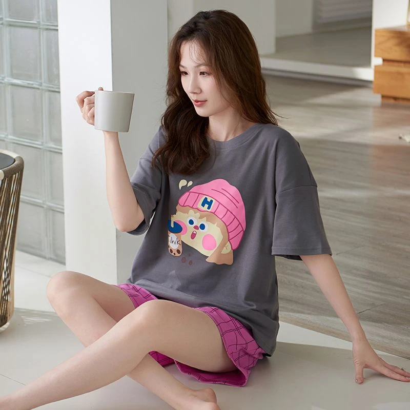 宽松休闲韩版夏天短袖圆领少女可爱睡衣夏季短裤家居服女套装