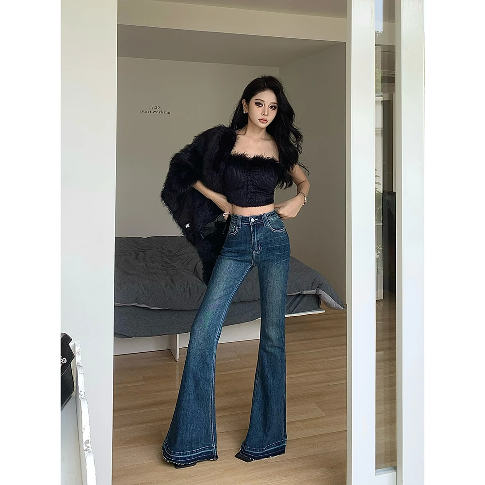 初春季高腰微喇牛仔裤女修身显瘦2025新款复古设计感阔腿微喇叭裤