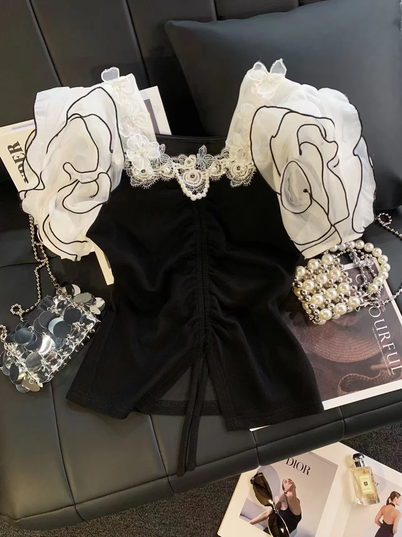 ZHOUYI/周一 2025夏季百搭上衣女亮珠波浪袖短袖修身显瘦时尚T恤