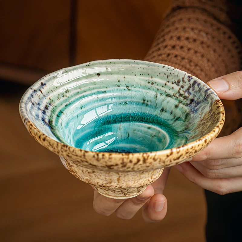 小悠家〖超好看撞色冰裂釉〗5.5英寸异形碗陶瓷斗笠碗餐厅甜品碗