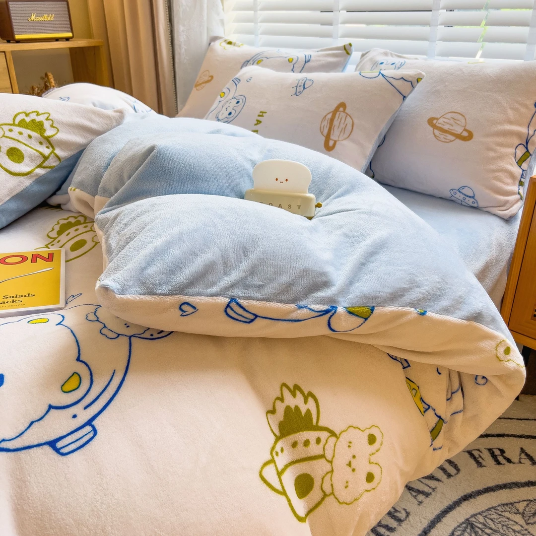 新款秋冬加厚牛奶绒印花床上四件套被套双面绒家用床上用品三件套