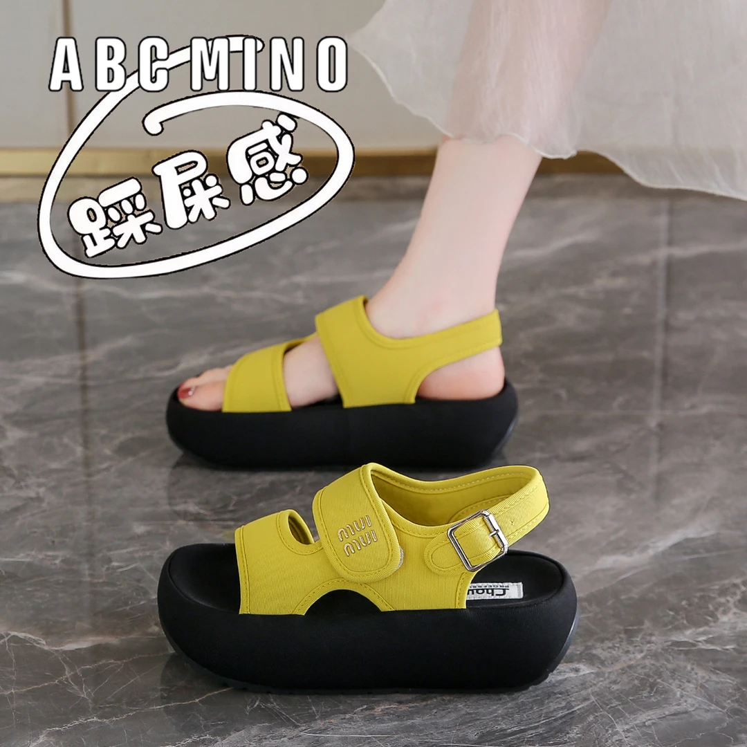 ABC MINO厚底魔术贴露趾凉鞋女2025秋季新款外穿沙滩鞋女士罗马鞋