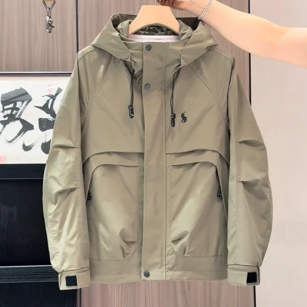 春秋新款潮牌工装连帽夹克男时尚宽松百搭休闲户外防风冲锋衣外套