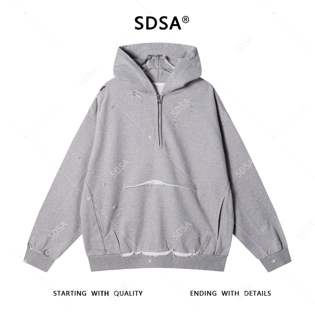 SDSA男士秋冬新款痞帅男装简约破洞半拉链连帽卫衣小众设计百搭