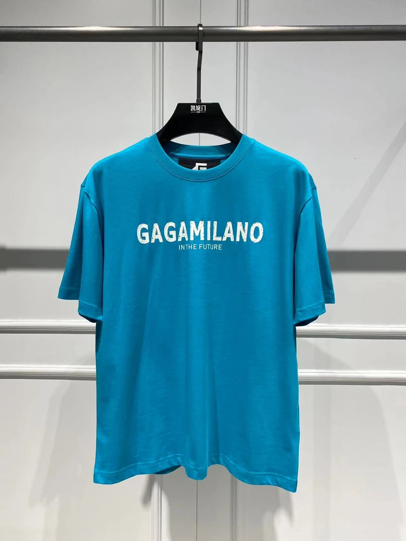【意大利GaGa】夏季新款男士简约百搭蓝色字母休闲t恤衫圆领短袖
