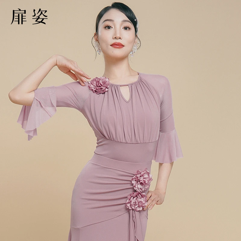 扉姿 摩登舞服女夏季专业连体衣交谊舞优雅跳舞练功服上衣F1242
