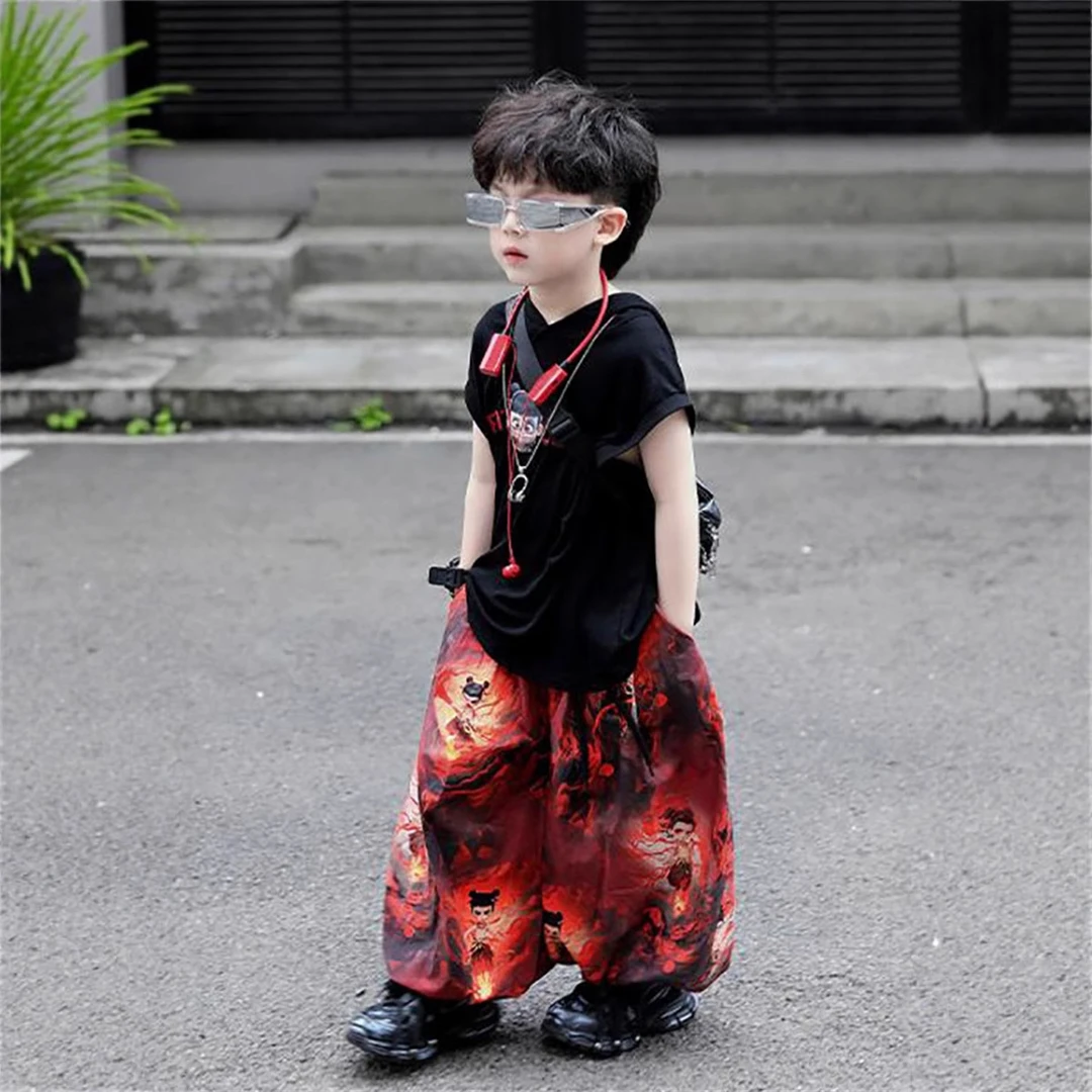 儿童哪吒印花轻薄透气防蚊裤套装2025夏季新款男宝背心痞帅两件套