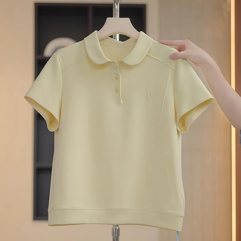 2025夏季大码女士黄色短袖正肩polo衫宽松显瘦时尚洋气休闲风上衣