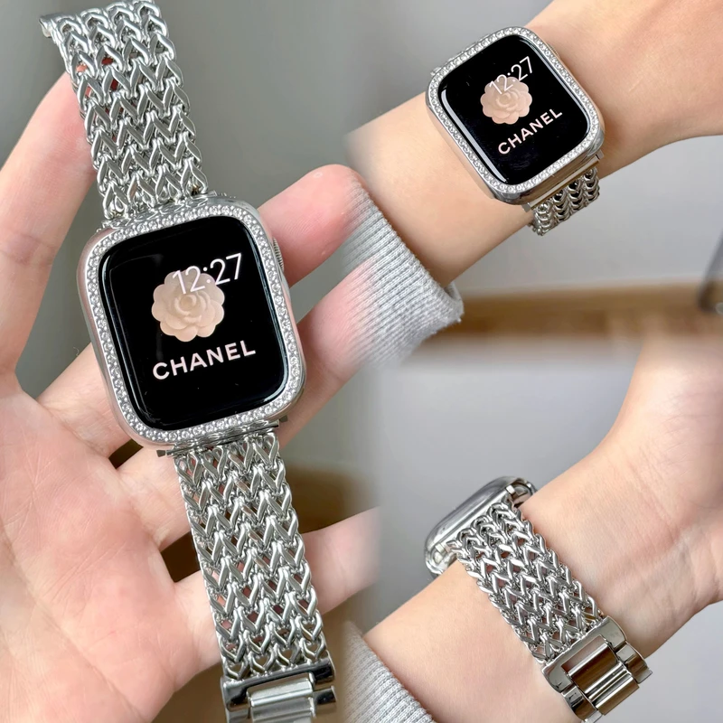 适用苹果手表表带ApplewatchS11不锈钢金属透气镂空iwatchSE3男女