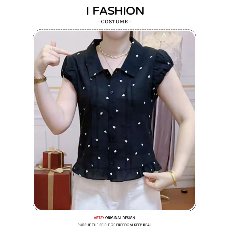 时尚爱心印花短袖衬衫女2026年夏季新款甜美百搭遮肚显瘦减龄上衣