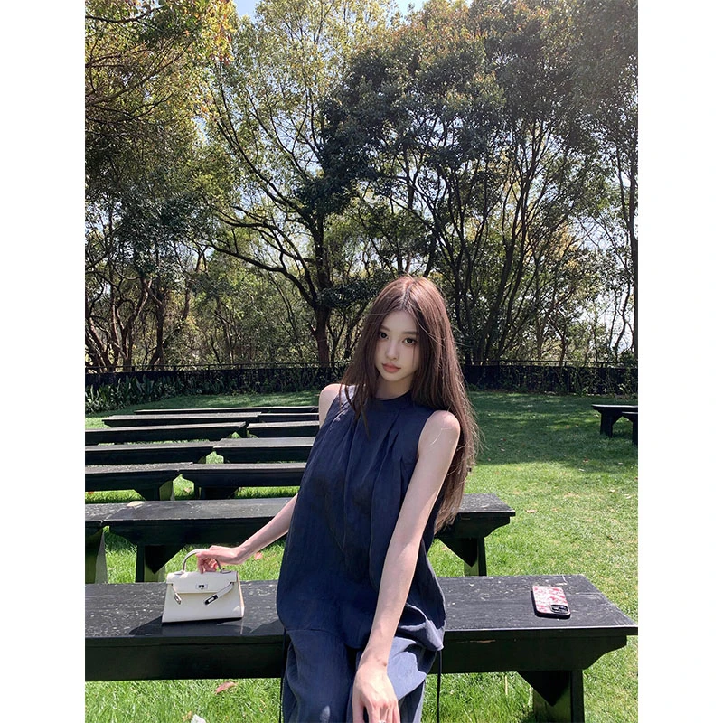 慵懒风复古蓝色无袖背心上衣女2025新款夏季休闲宽松阔腿裤两件套