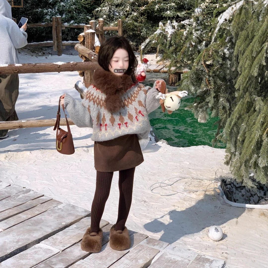 冬装2025新款女童复古费尔岛套头毛衣+咖色灯芯绒半身裙