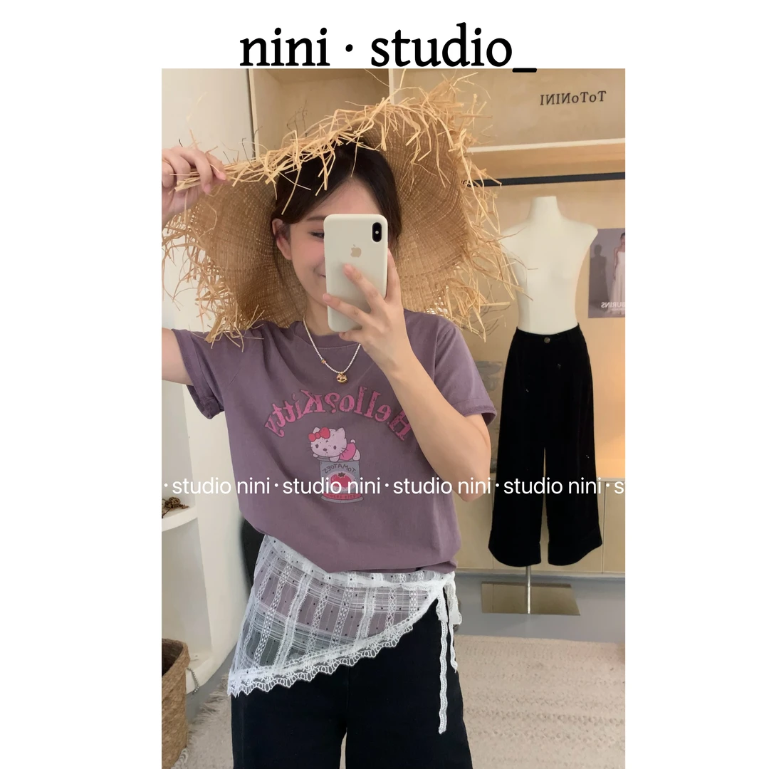 nini·水洗棉做旧凯蒂印花韩系ins风趣味短袖