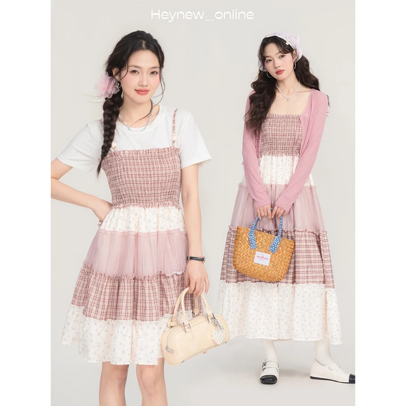 【粉色气泡】花期之约拼接长裙显瘦气质时尚夏季格子-5C1440
