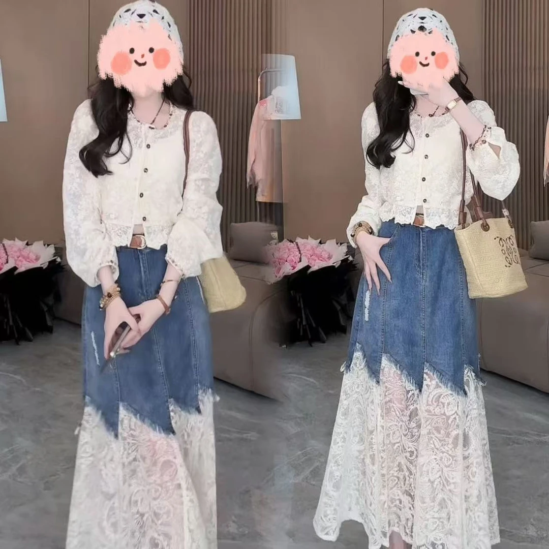 小众女装夏季防晒蕾丝开衫外套百搭拼接牛仔半身裙套装洋气衣服女