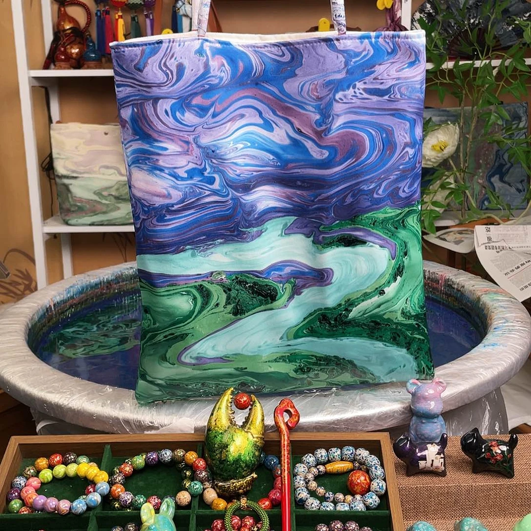 扇子大漆包包风景画斜挎