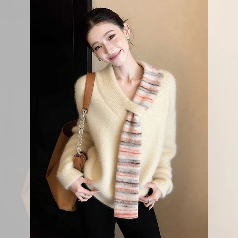 别致独特漂亮系带围巾小衫打底毛衣女装秋冬洋气高贵杏色针织上衣