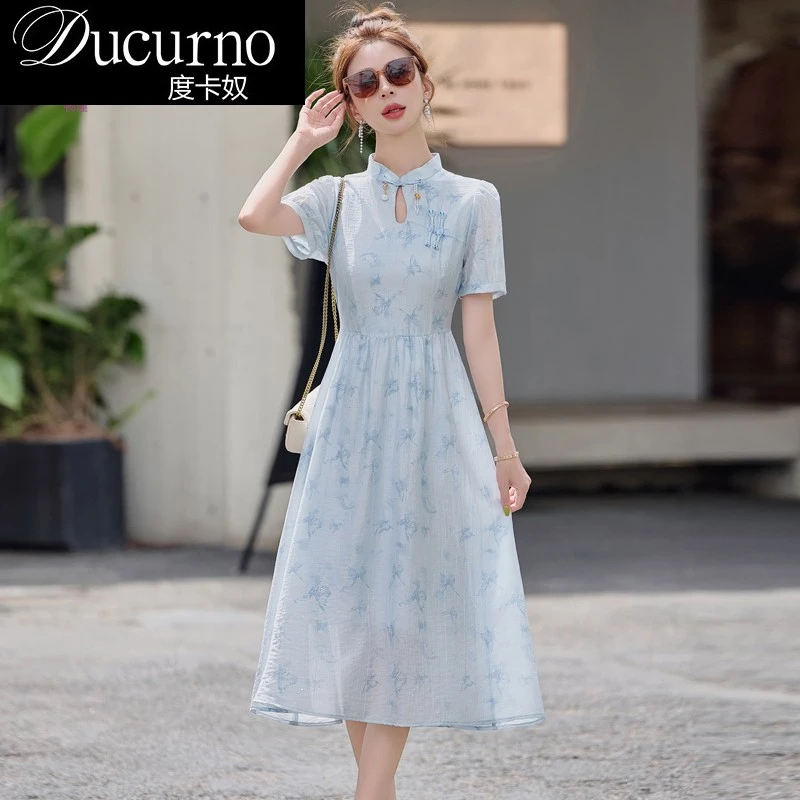 印花新中式国风复古连衣裙夏季新款气质修身裙子女装禅意仙气飘飘