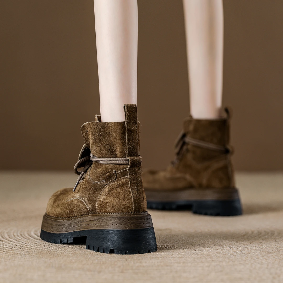 增高女平跟秋季马丁靴女春秋单靴中筒系带百搭