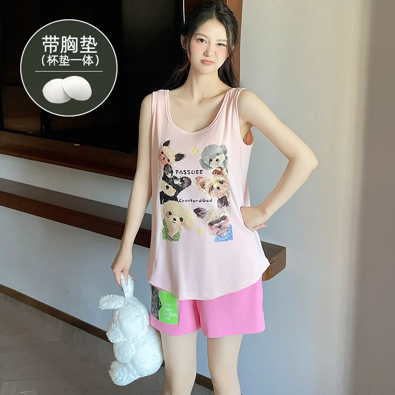 卡通印花背心带胸垫无钢圈一体设计显瘦薄款夏季女睡衣家居服套装